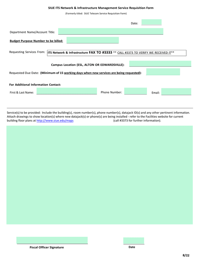 SIUE ITS Network  Infrastructure Management Service Requisition Form screenshot