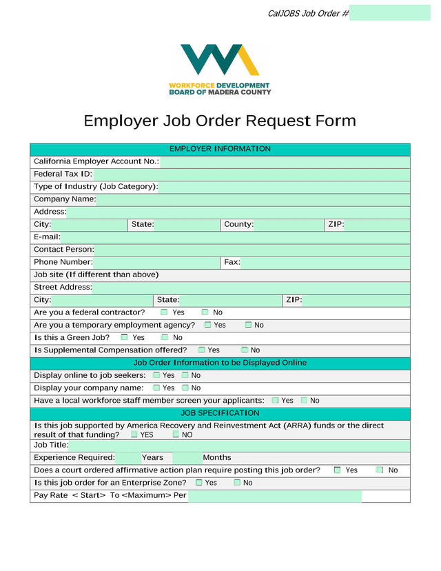 Employer Job Order Request Form screenshot