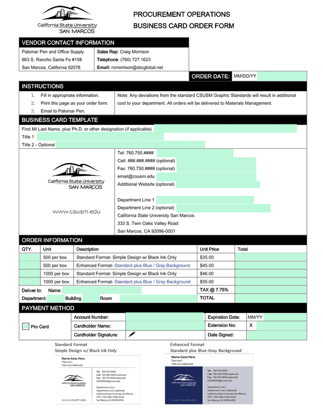 Business Card Order Form screenshot