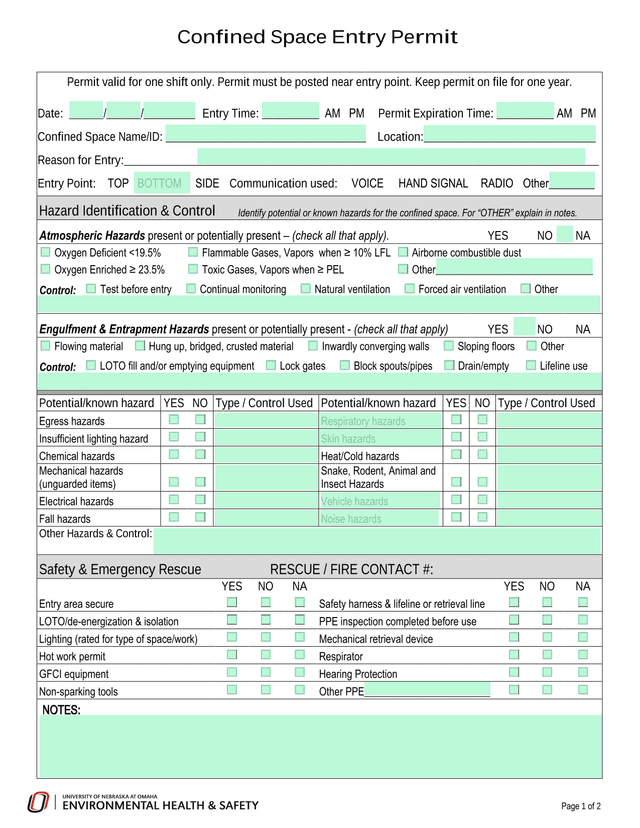 Confined Space Entry Permit screenshot