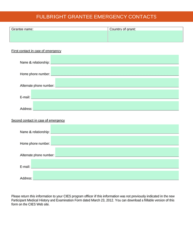 Fulbright Grantee Emergency Contacts screenshot