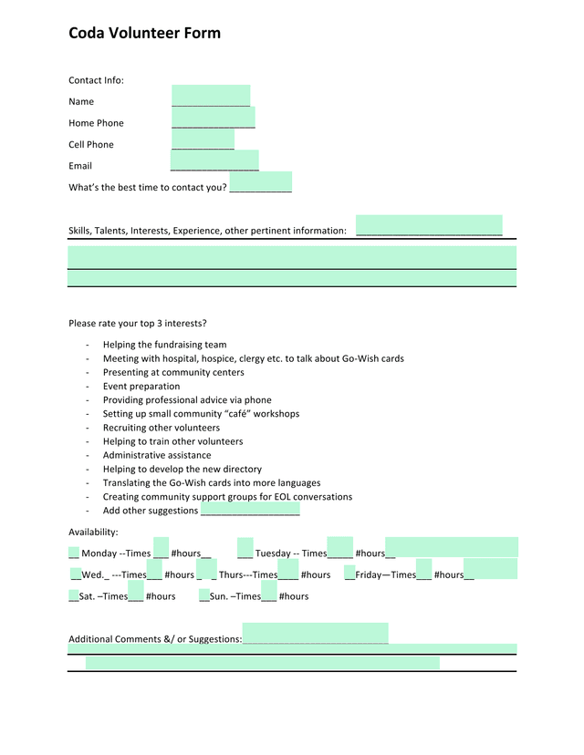 Coda Volunteer Form screenshot