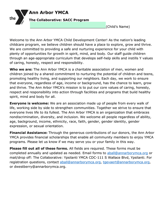 Ann Arbor YMCA Child Development Center Enrollment Form screenshot