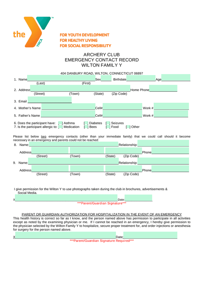 ARCHERY CLUB EMERGENCY CONTACT RECORD screenshot