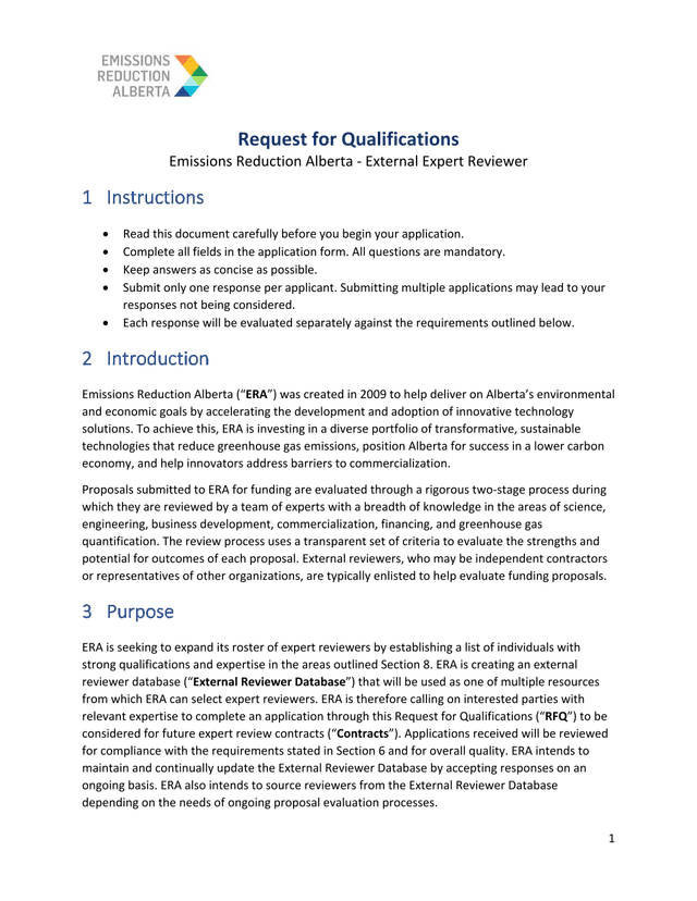 Request For Qualifications Emissions Reduction Alberta   External Expert Reviewer screenshot