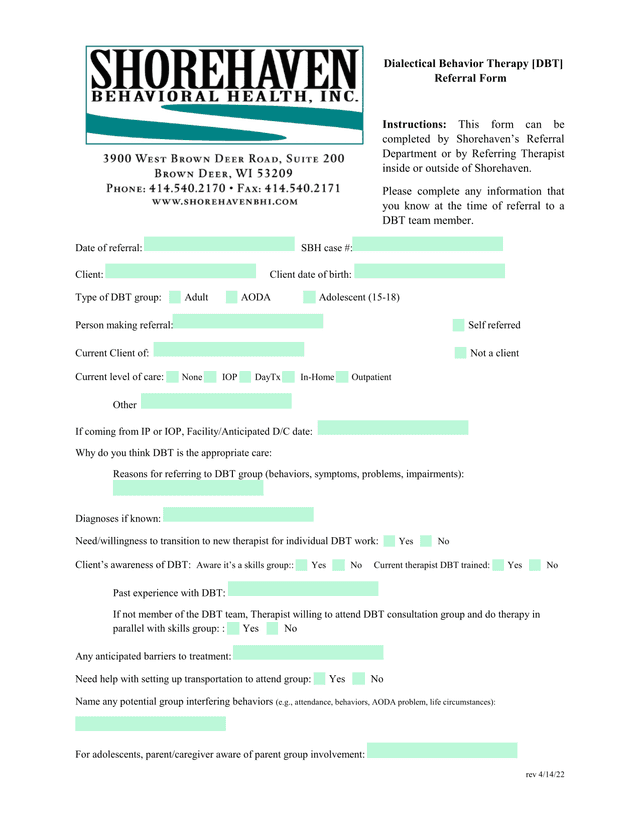 Dialectical Behavior Therapy DBT Referral Form screenshot