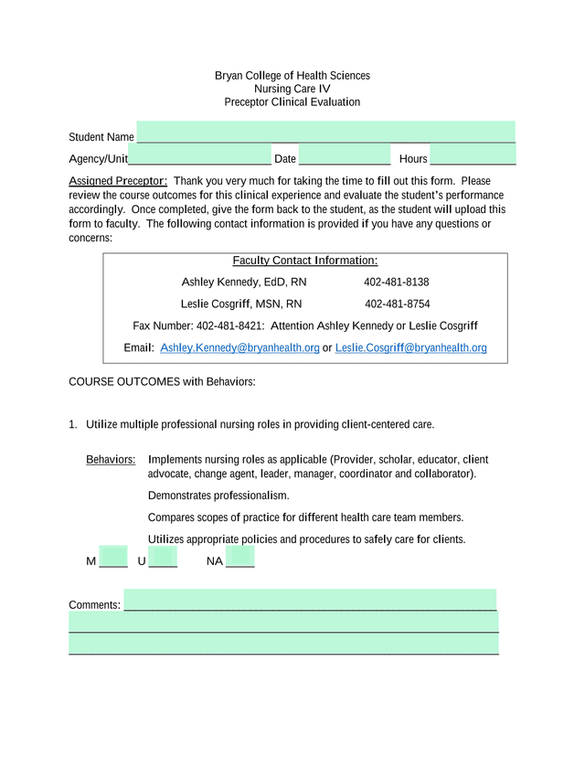 Nursing Care IV Preceptor Clinical Evaluation screenshot