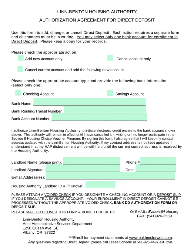 Authorization Agreement For Direct Deposit screenshot