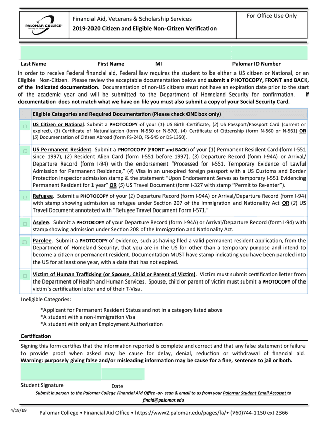 Citizenship Documentation Form For Financial Aid screenshot