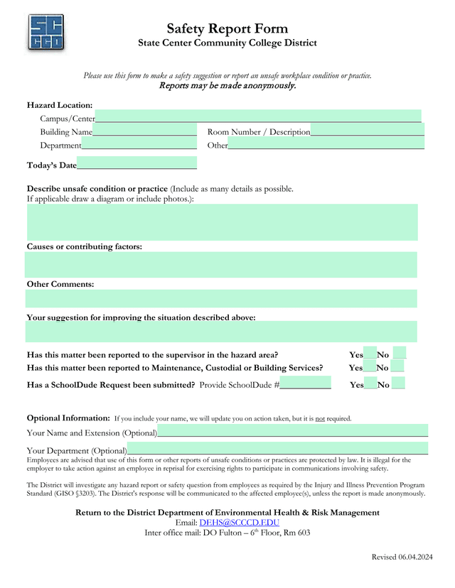 Safety Report Form screenshot