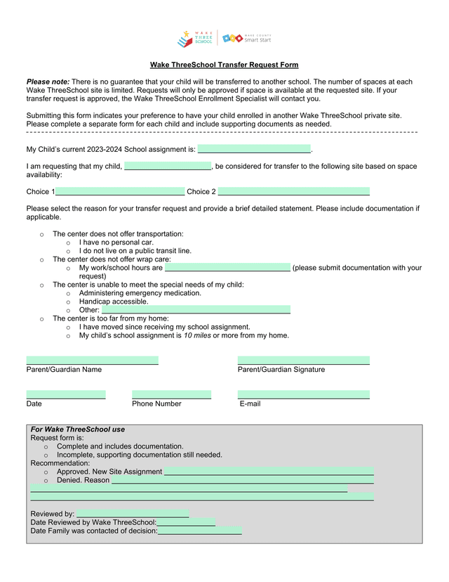 Wake ThreeSchool Transfer Request Form screenshot
