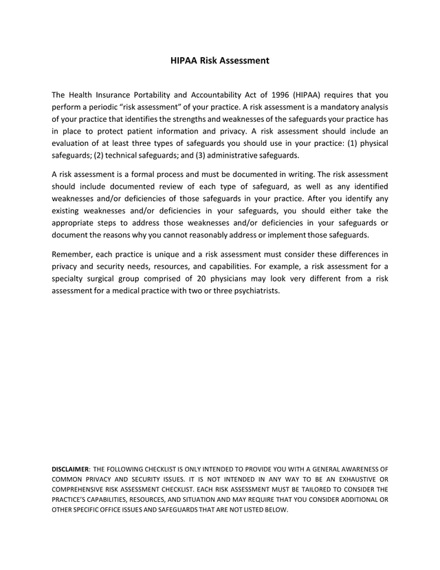 HIPAA Risk Assessment screenshot