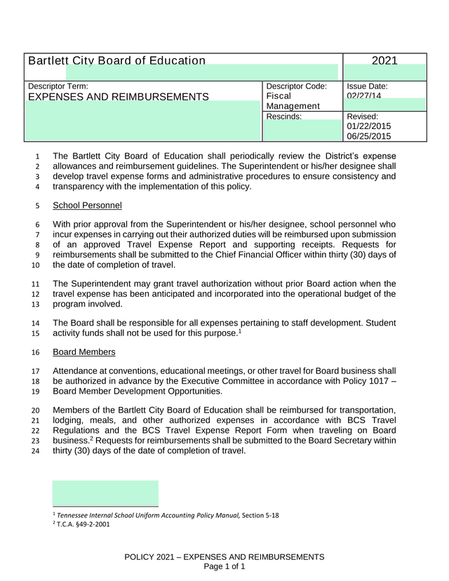 POLICY 2021  EXPENSES AND REIMBURSEMENTS screenshot