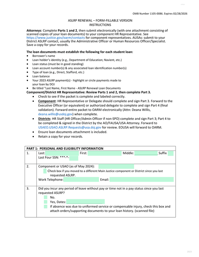 ASLRP Renewal Form screenshot