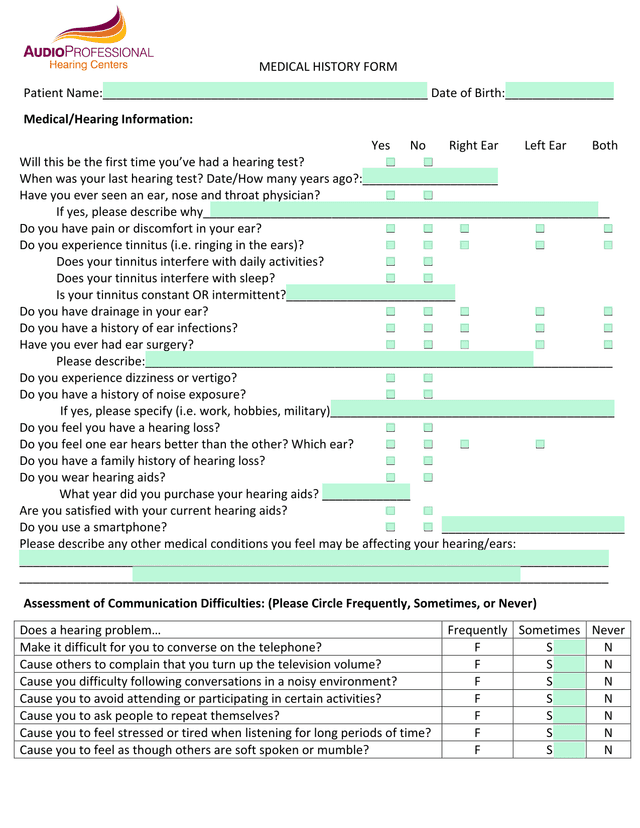 MEDICAL HISTORY FORM screenshot