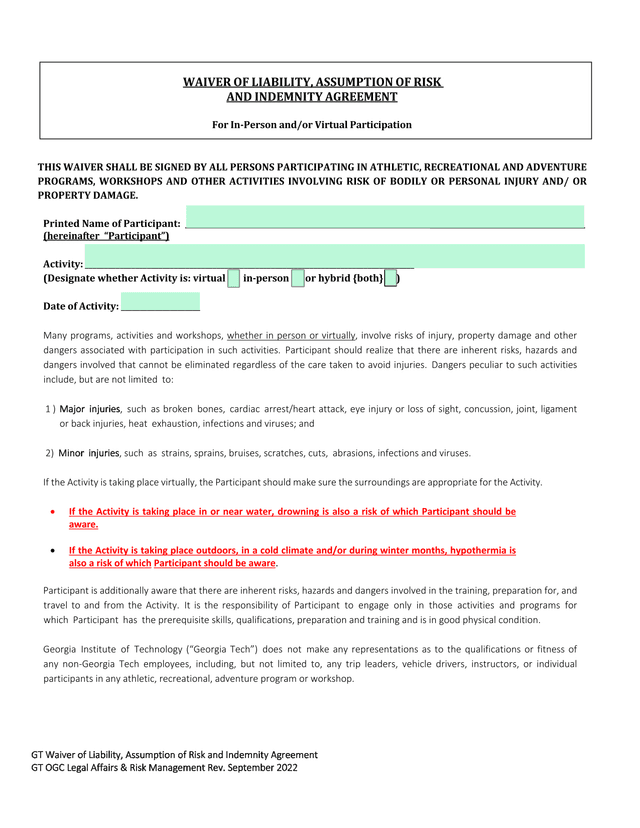 GT Waiver Of Liability, Assumption Of Risk And Indemnity Agreement screenshot