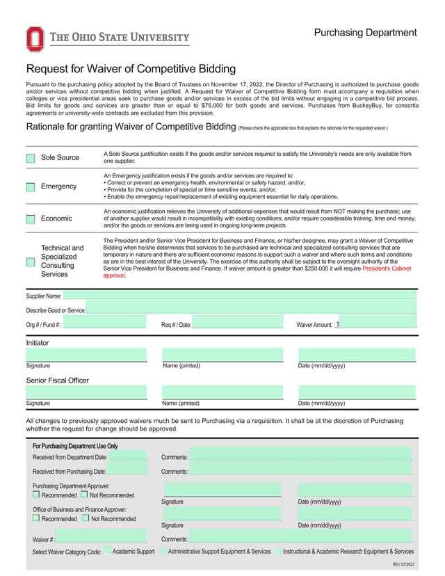 Request For Waiver Of Competitive Bidding screenshot