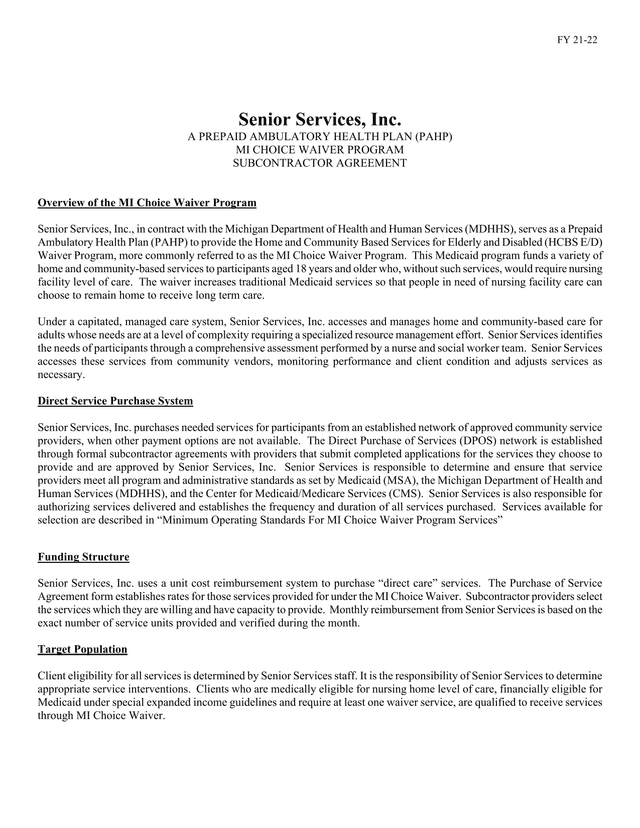 MI Choice Waiver Program Subcontractor Agreement screenshot