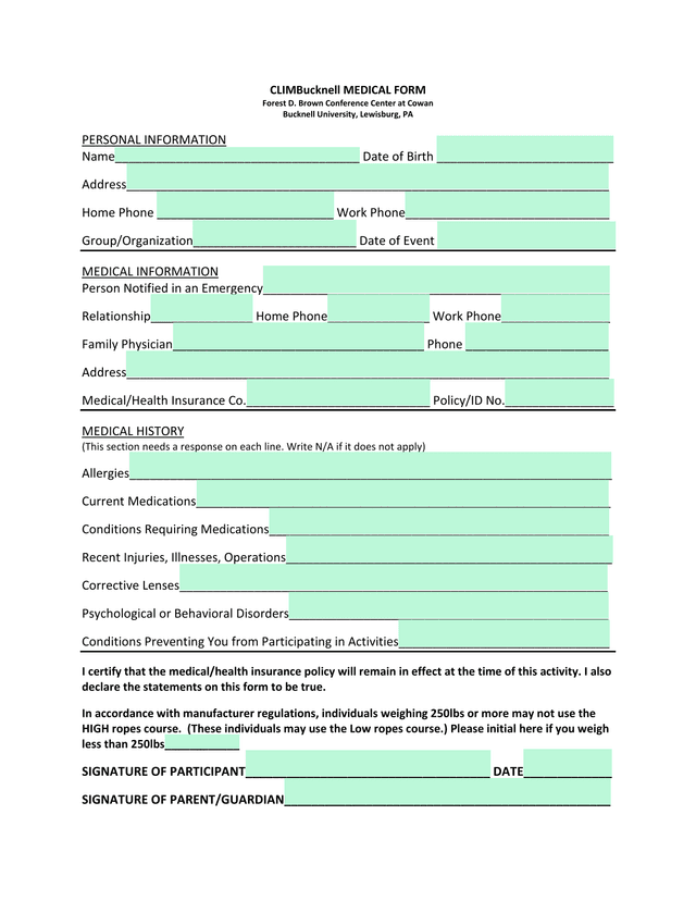 CLIMBucknell MEDICAL FORM screenshot