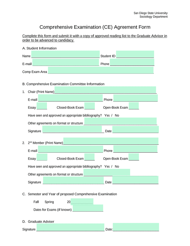 Sociology Department Comprehensive Examination (CE) Agreement Form screenshot