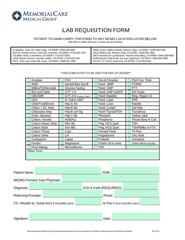LAB REQUISITION FORM screenshot