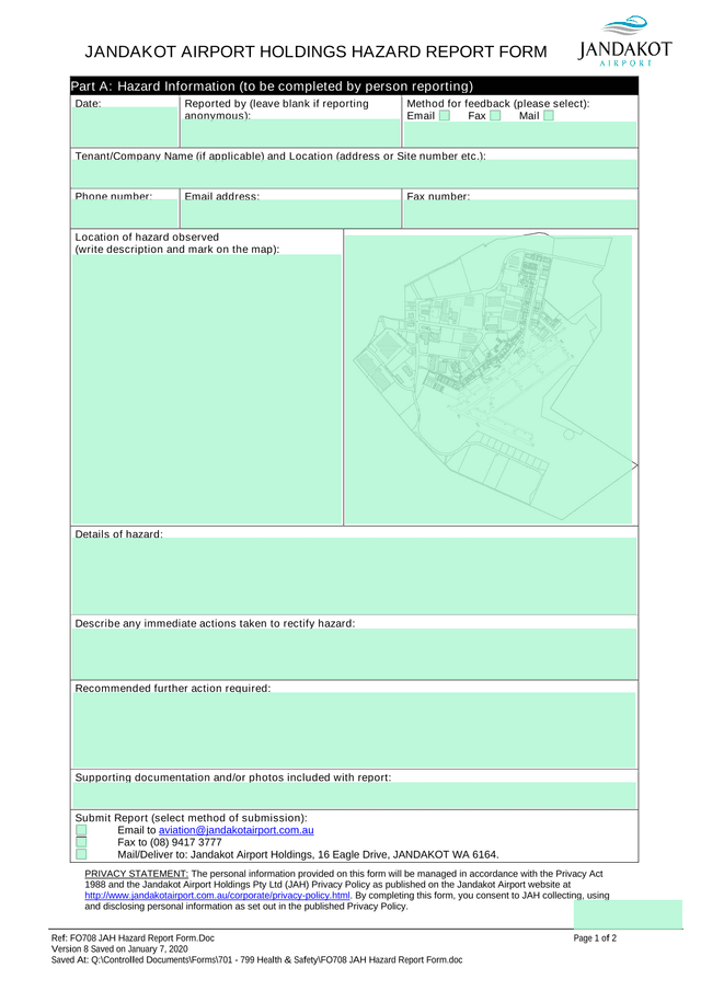 JANDAKOT AIRPORT HOLDINGS HAZARD REPORT FORM screenshot