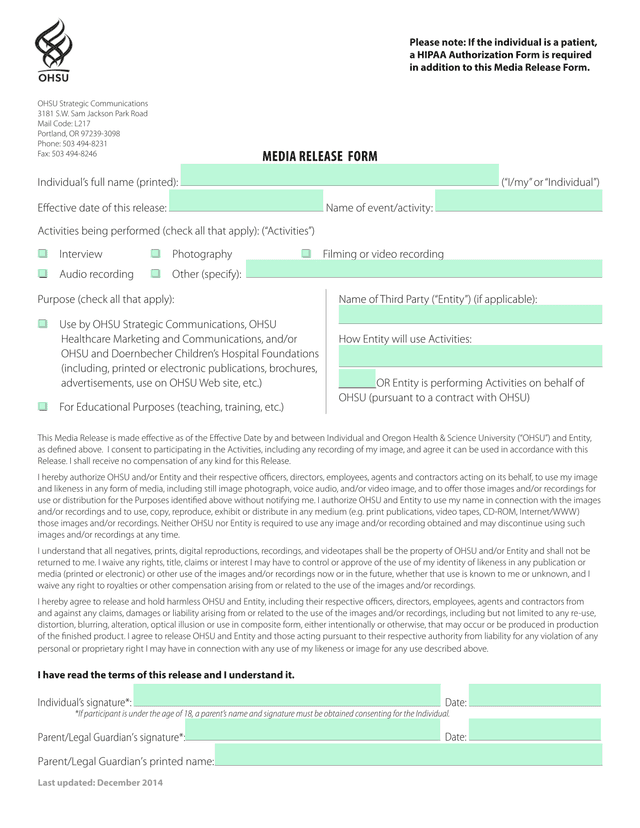 MEDIA RELEASE FORM screenshot