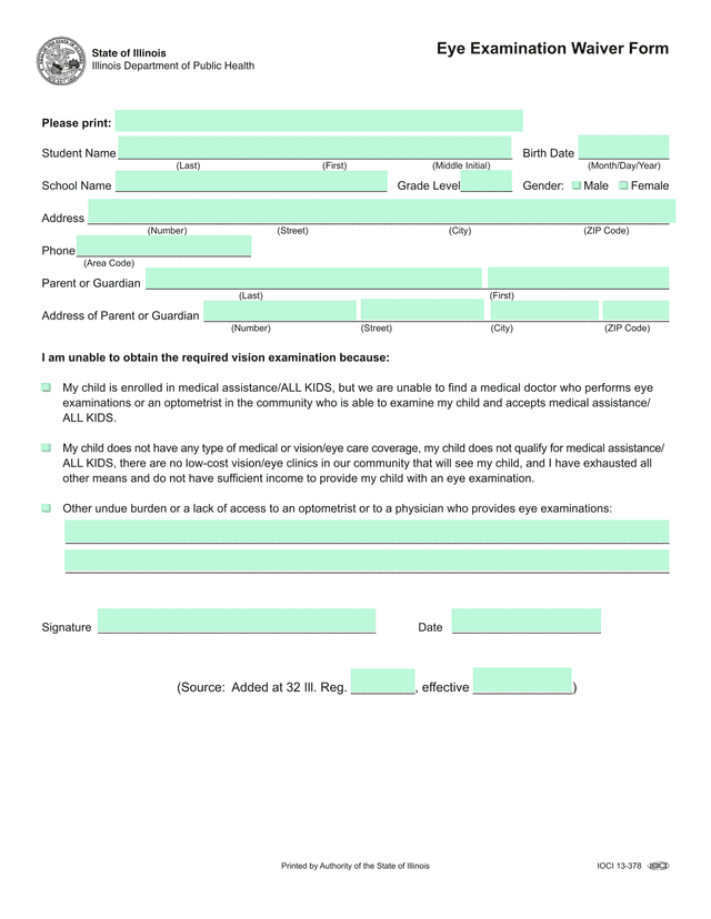 Eye Examination Waiver Form screenshot