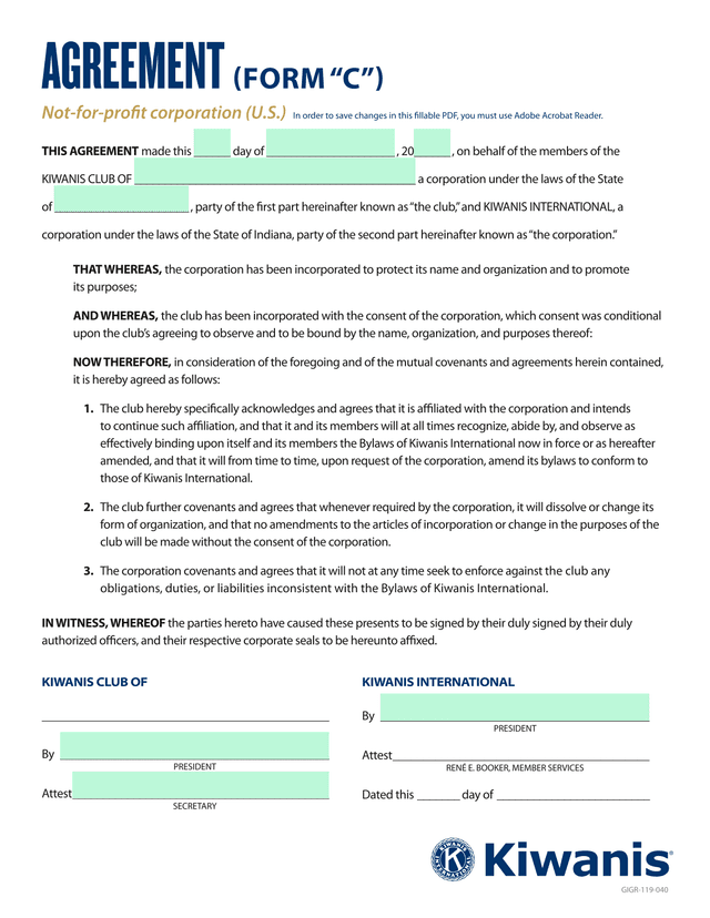 Kiwanis Club Affiliation Agreement screenshot