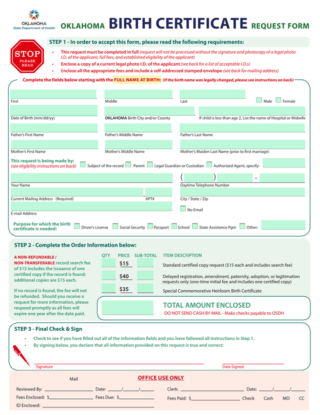 Oklahoma Birth Certificate Request Form screenshot