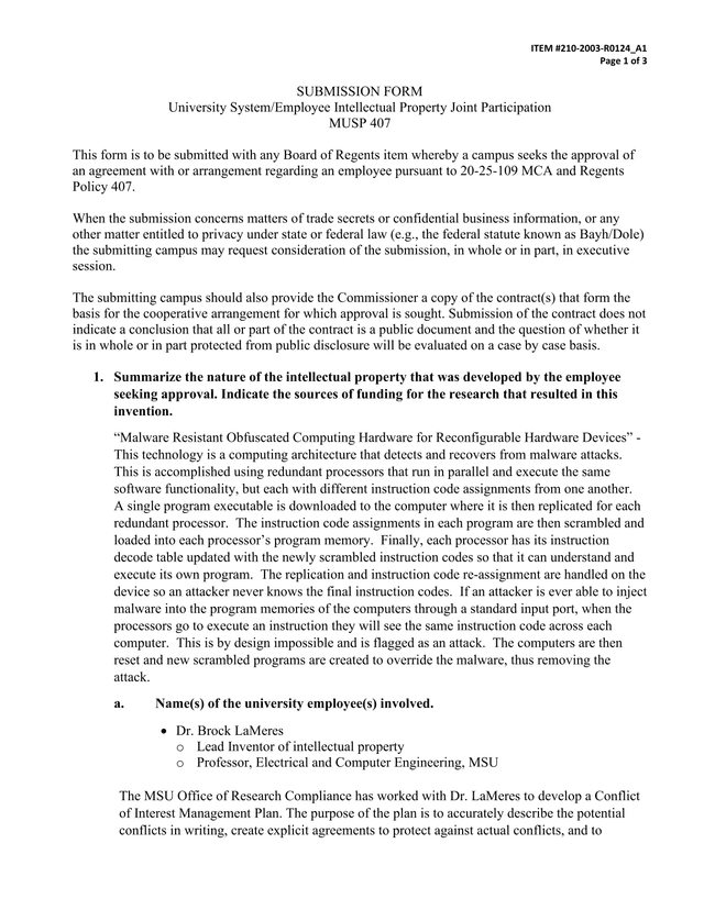 University SystemEmployee Intellectual Property Joint Participation MUSP 407 screenshot