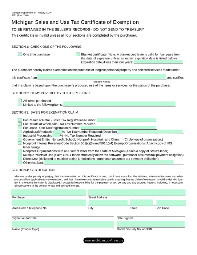 Michigan Sales And Use Tax Certificate Of Exemption screenshot