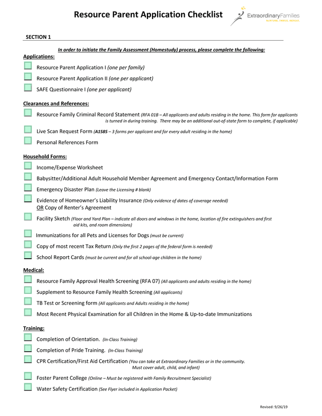 Resource Family Assessment Checklist screenshot