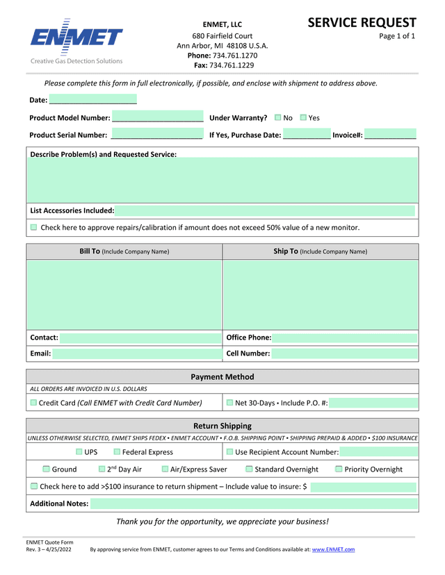 ENMET Quote Form screenshot