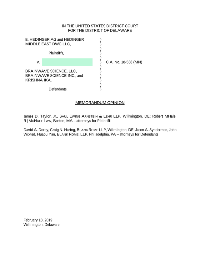 E. Hedinger AG V. Brainwave Science, LLC Et Al.   Memorandum Opinion screenshot