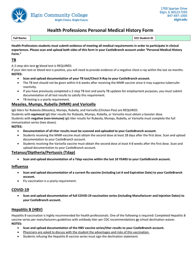 Health Professions Personal Medical History Form screenshot