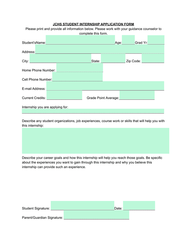 JCHS STUDENT INTERNSHIP APPLICATION FORM screenshot