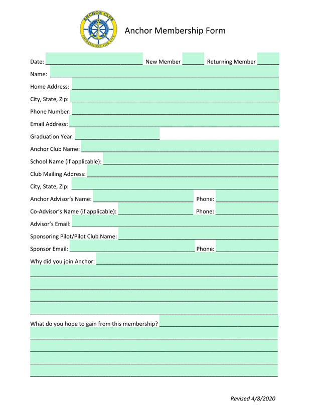 Anchor Membership Form screenshot