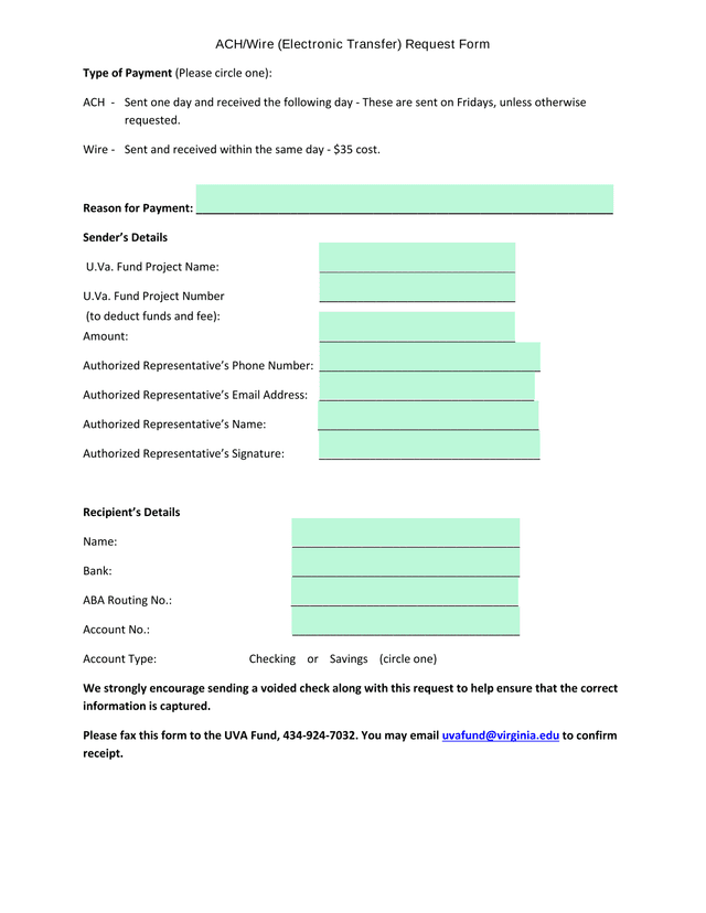 ACHWire (Electronic Transfer) Request Form screenshot