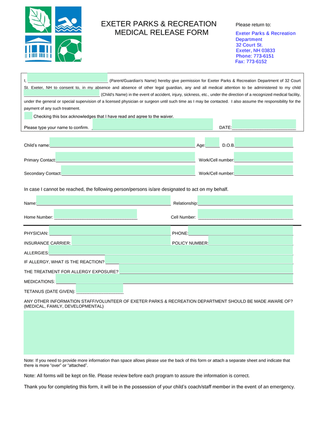 Medical Release Form screenshot