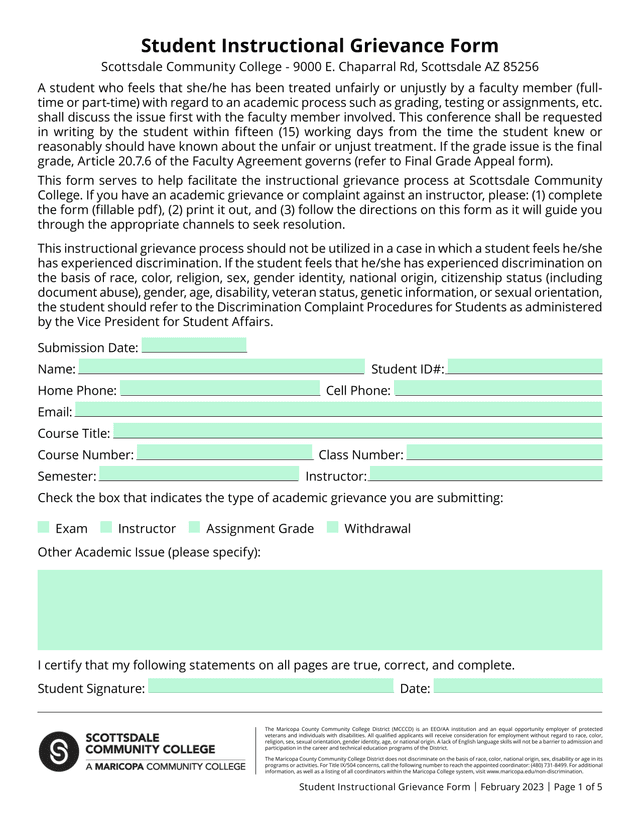 Student Instructional Grievance Form screenshot