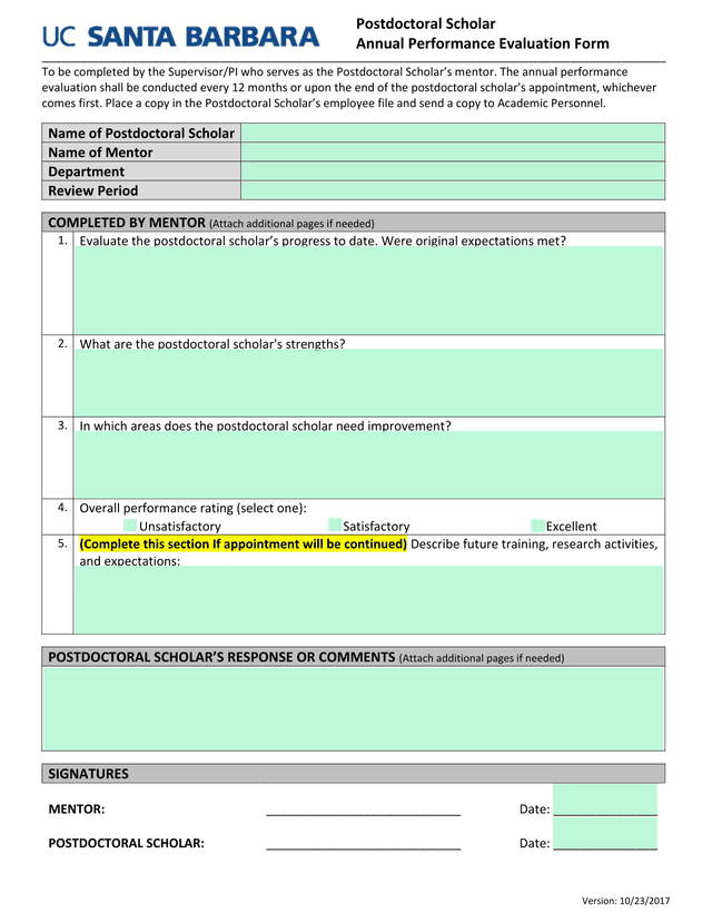 Postdoctoral Scholar Annual Performance Evaluation Form screenshot
