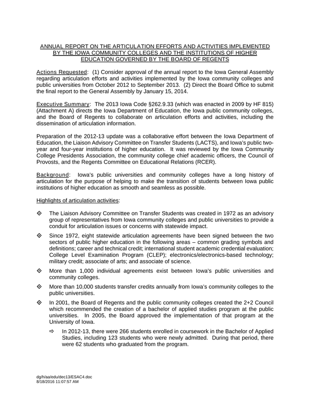 Annual Report On Articulation Efforts And Activities screenshot