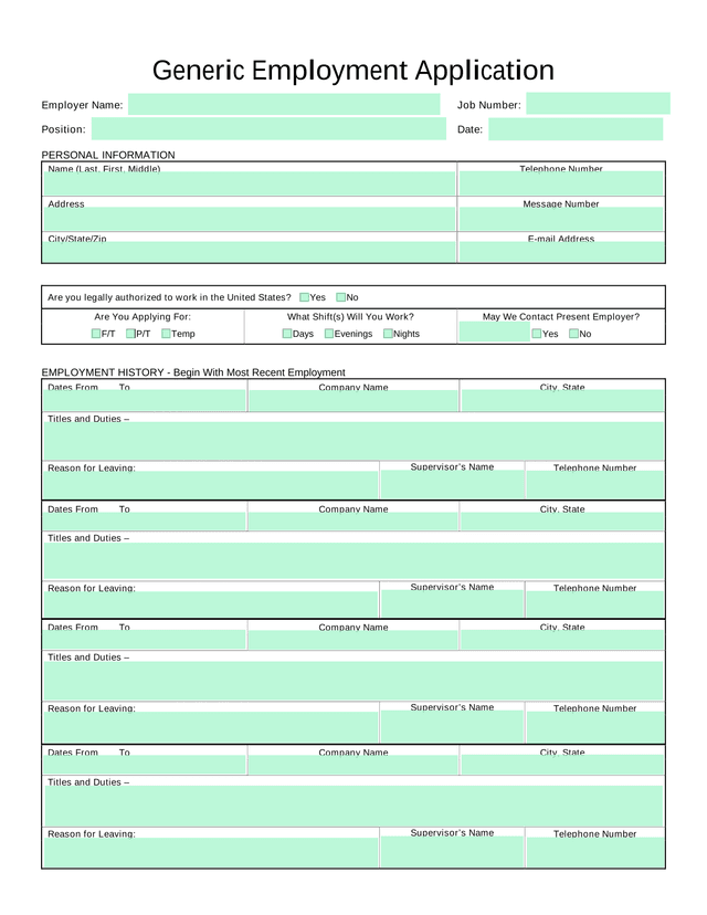Generic Employment Application screenshot