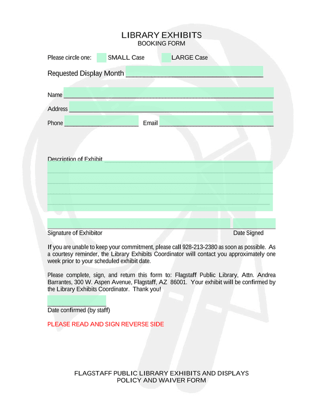Library Exhibits Booking Form screenshot