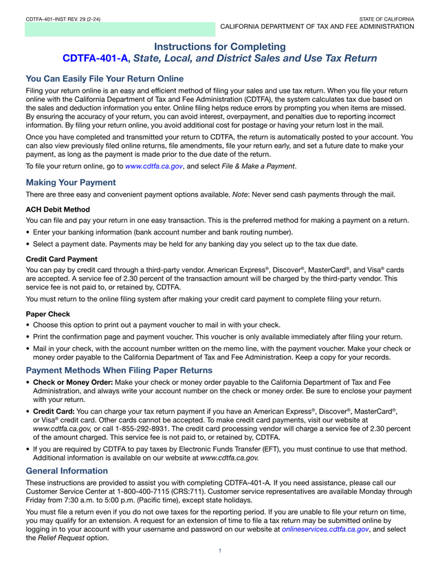CDTFA 401 INST REV. 29 (2 24) Instructions For Completing CDTFA 401 A, State, Local, And District Sa screenshot