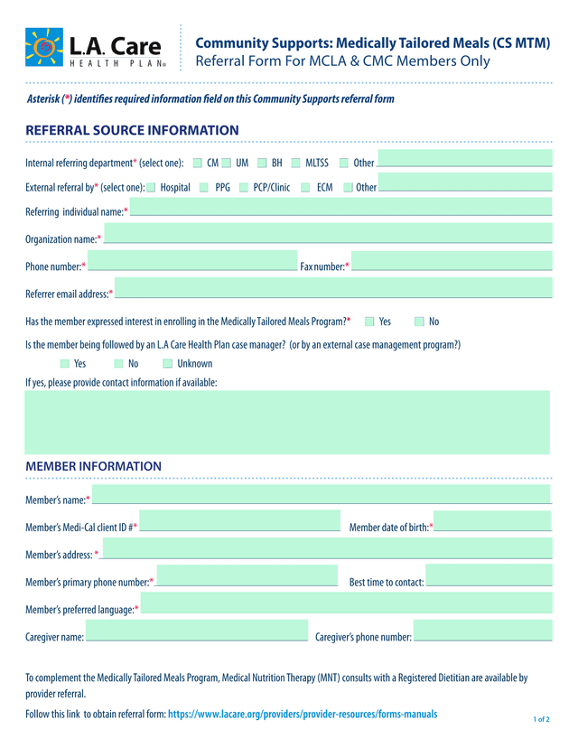 Community Supports Medically Tailored Meals (CS MTM) Referral Form For MCLA  CMC Members Only screenshot