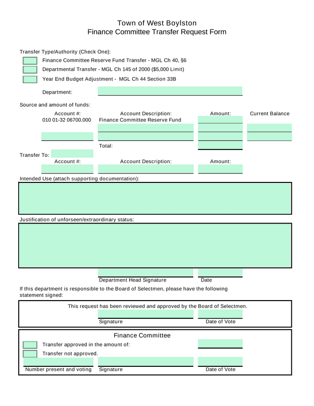 Town Of West Boylston Finance Committee Transfer Request Form screenshot