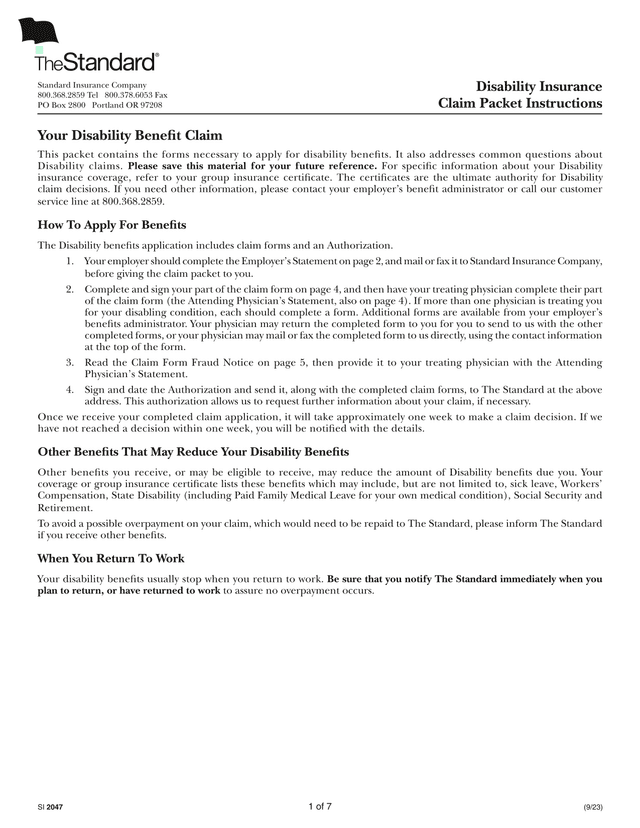 Disability Insurance Claim Packet Instructions screenshot