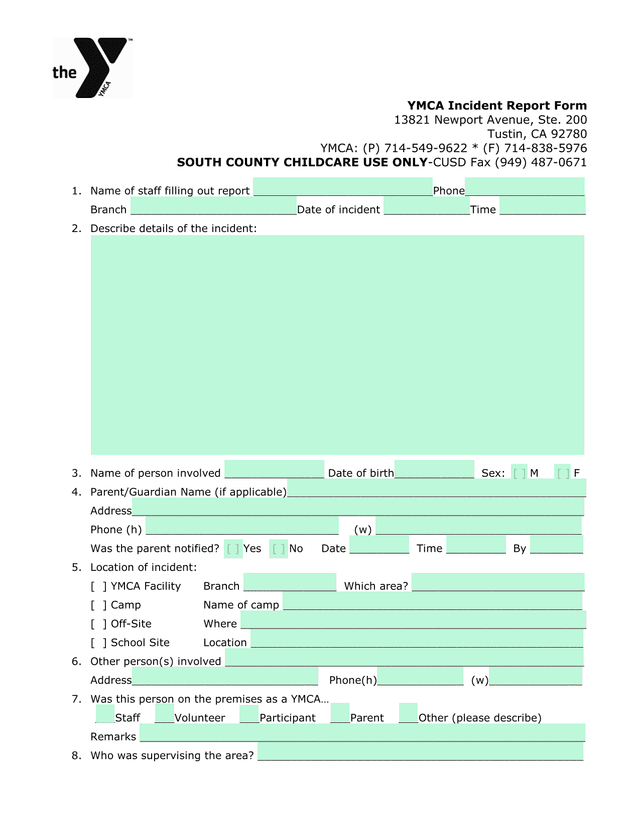 YMCA Incident Report Form screenshot